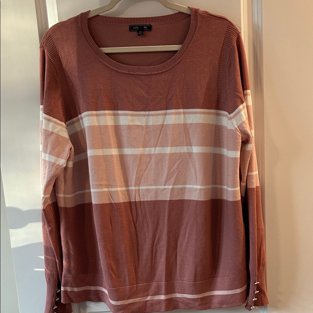 Two-Toned Pink and Cream Striped Sweater w/Button Details on Sleeves